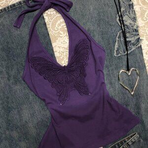 Original Purple Bow Embroidery Halter Neck Camisole For Women